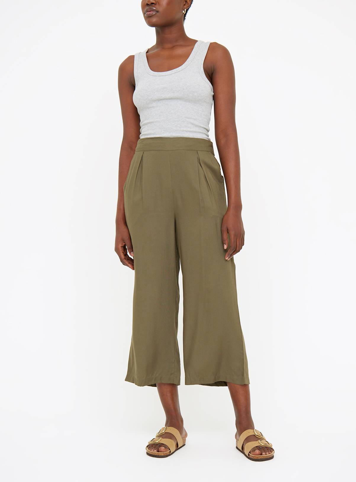 Khaki Woven Cropped Trousers  20 - Image 1