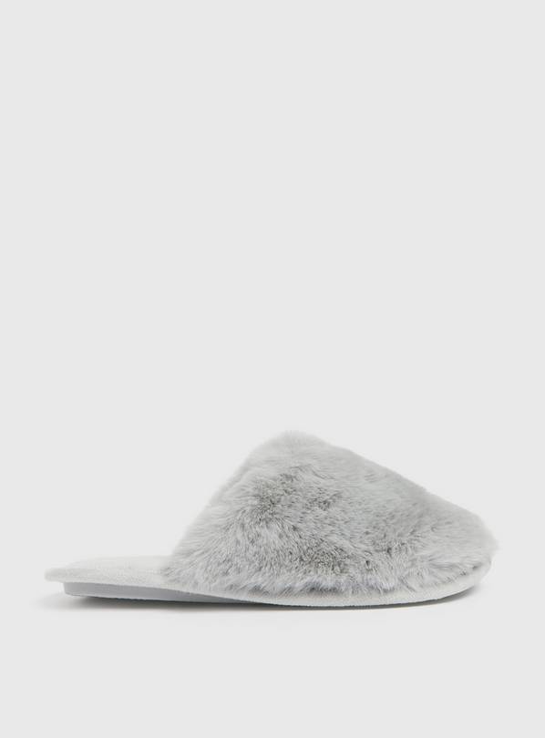 Grey Faux Fur Mule Slippers M