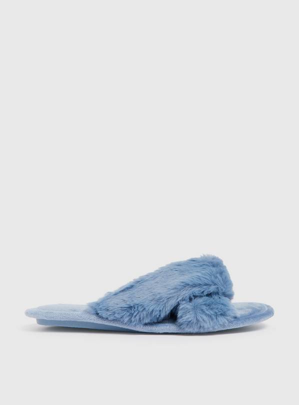 Blue Faux Fur Crossover Mule Slippers L