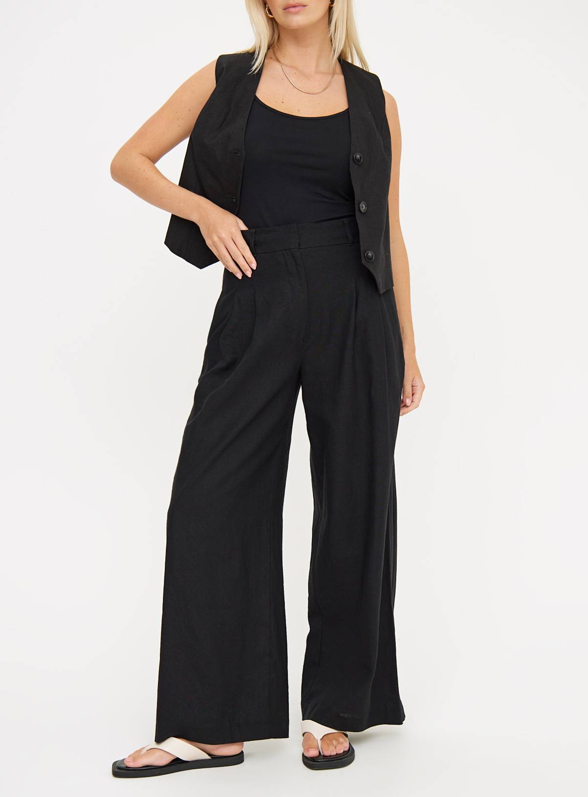 Black Ultra Wide Leg Linen Trousers 18R - Image 1
