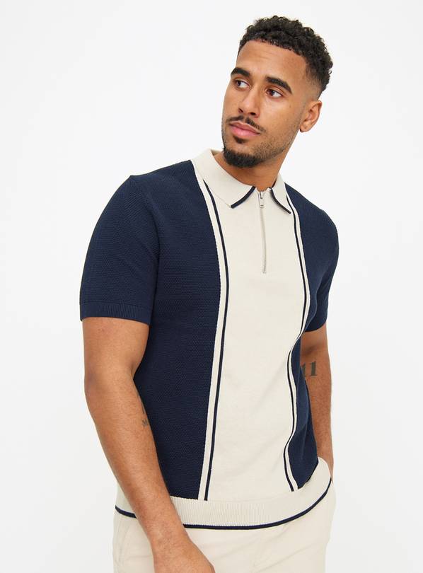 Monochrome Colour Block Knitted Polo Shirt S