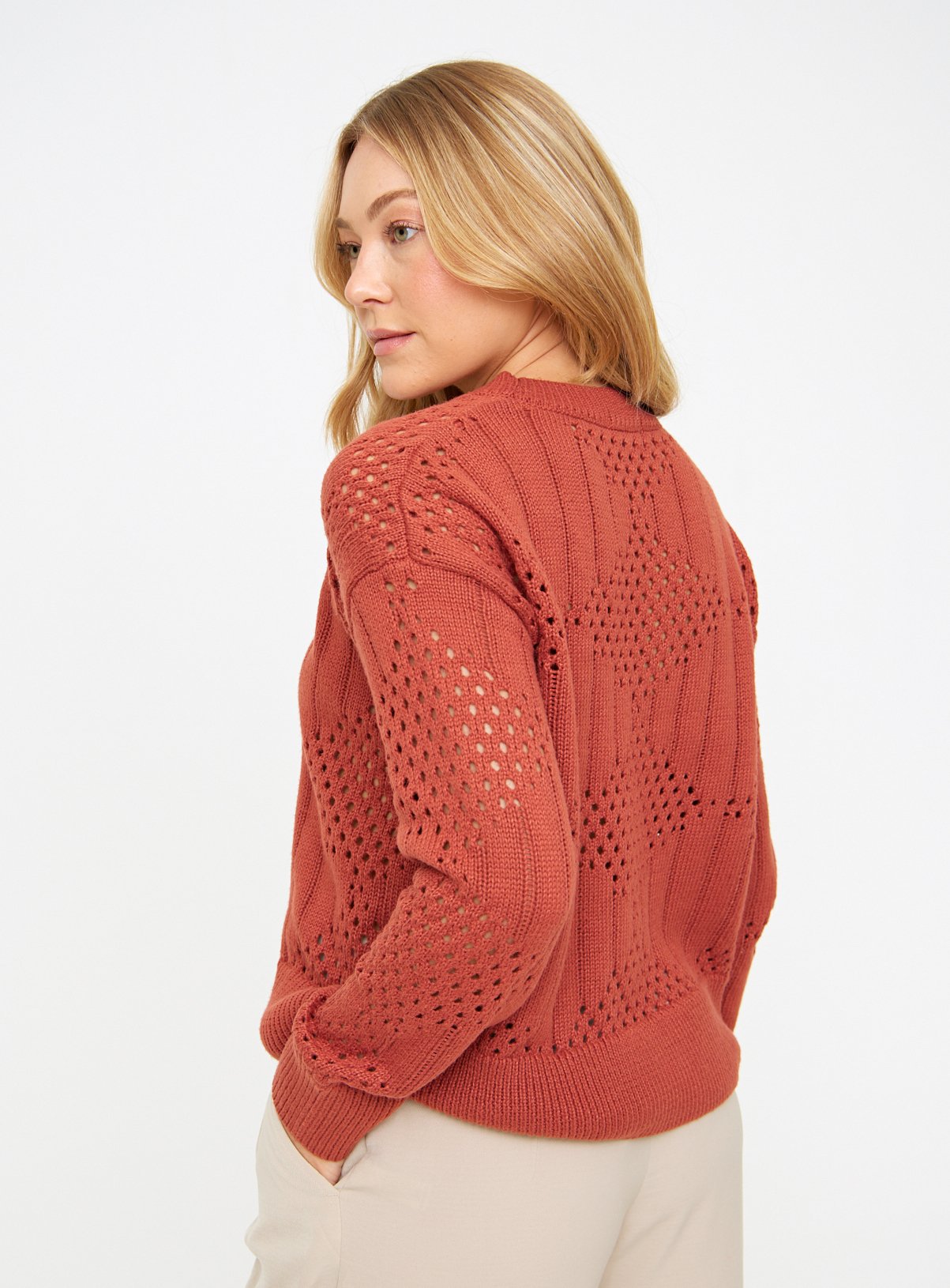 Brown Pointelle Crew Neck Jumper 8 - Image 4 thumbnail