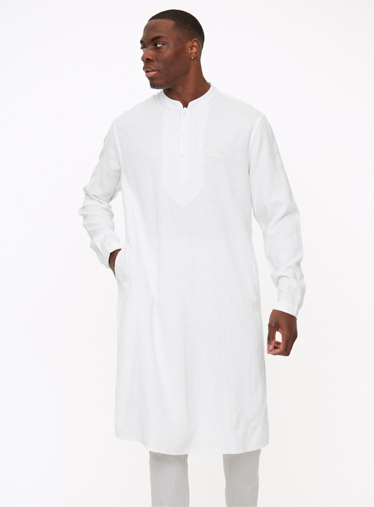 White Embroidered Linen Blend Kurta  XL - Image 1 thumbnail