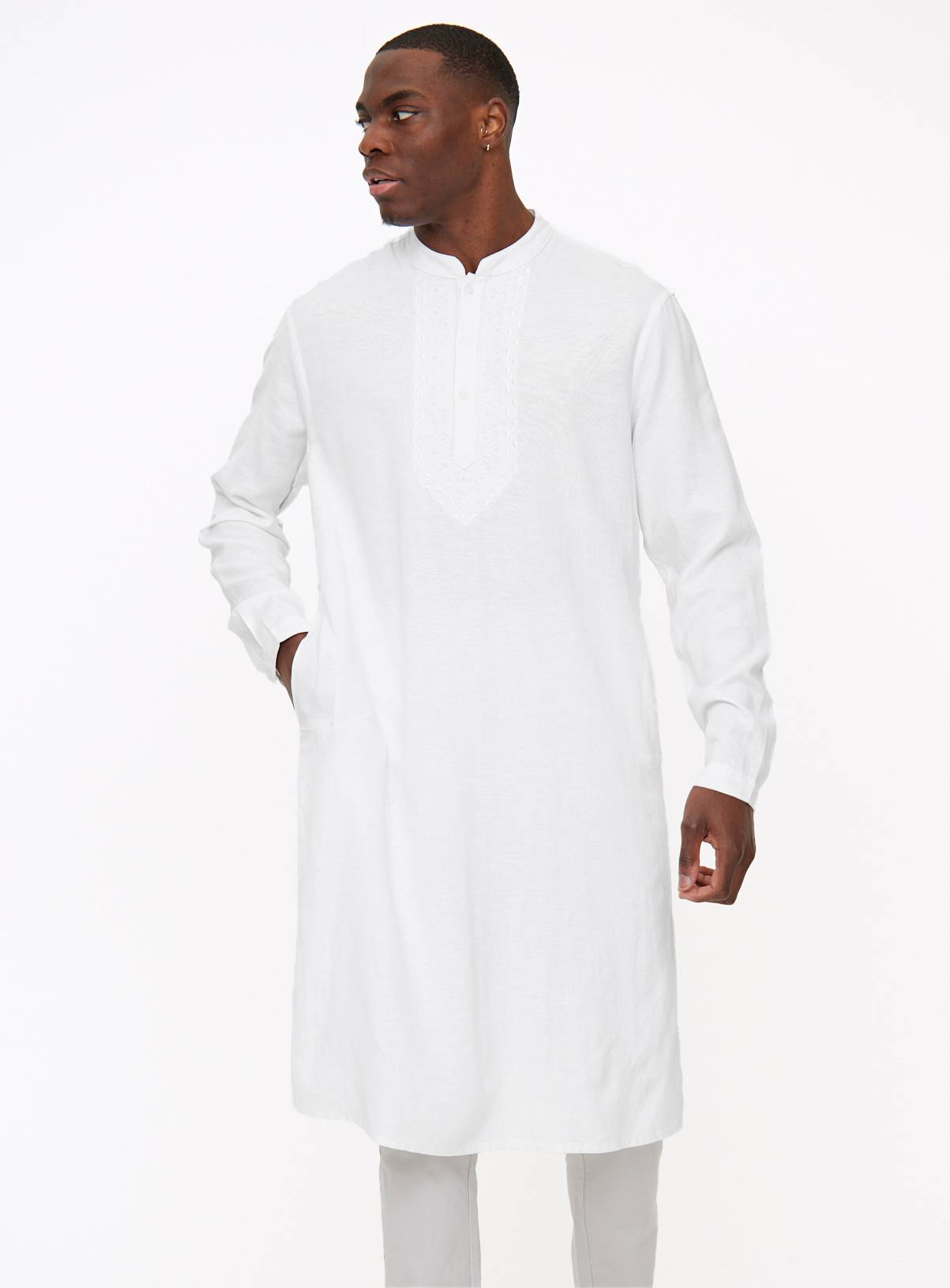 White Embroidered Linen Blend Kurta  XL - Image 1