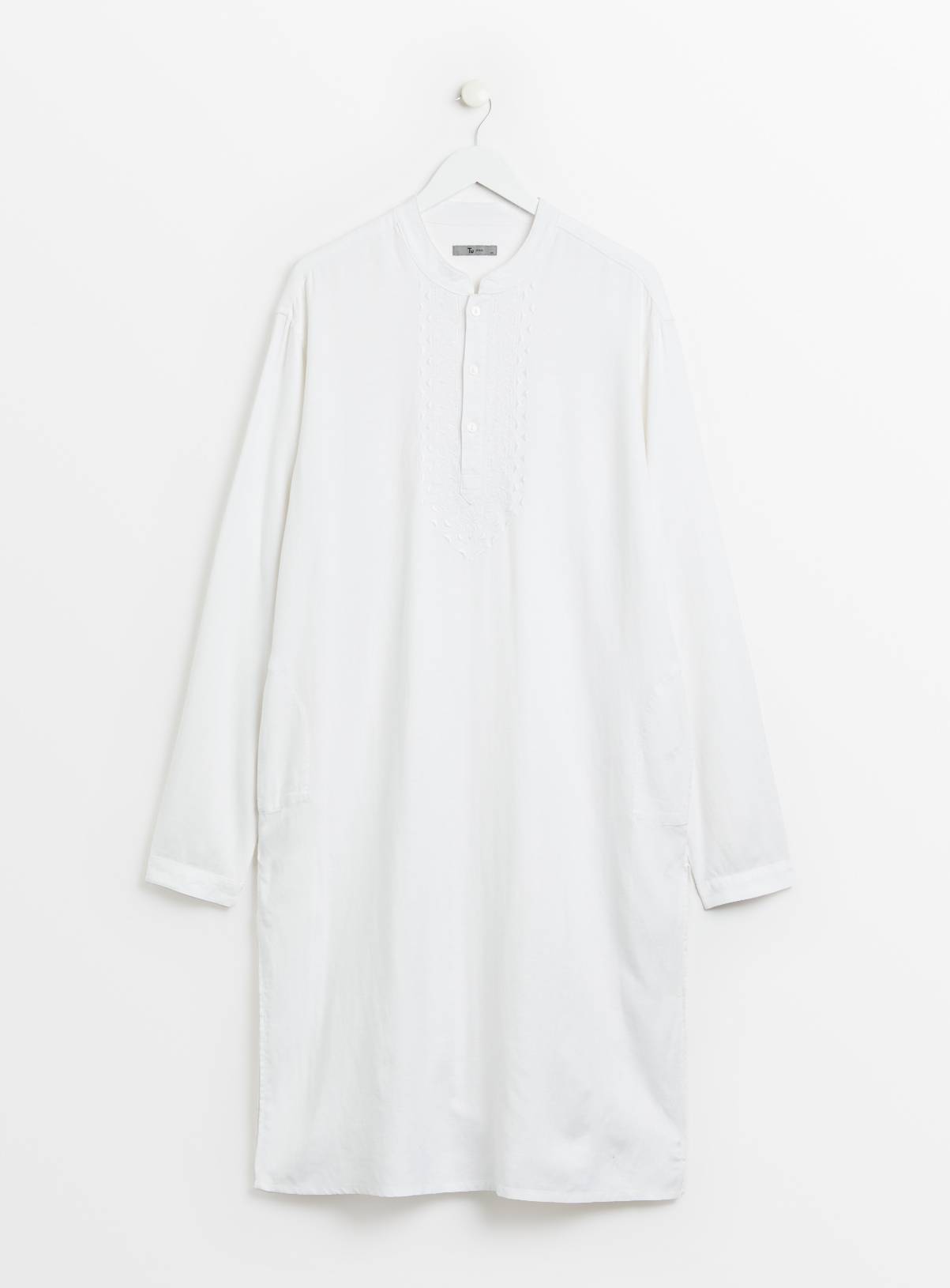 White Embroidered Linen Blend Kurta  XL - Image 3