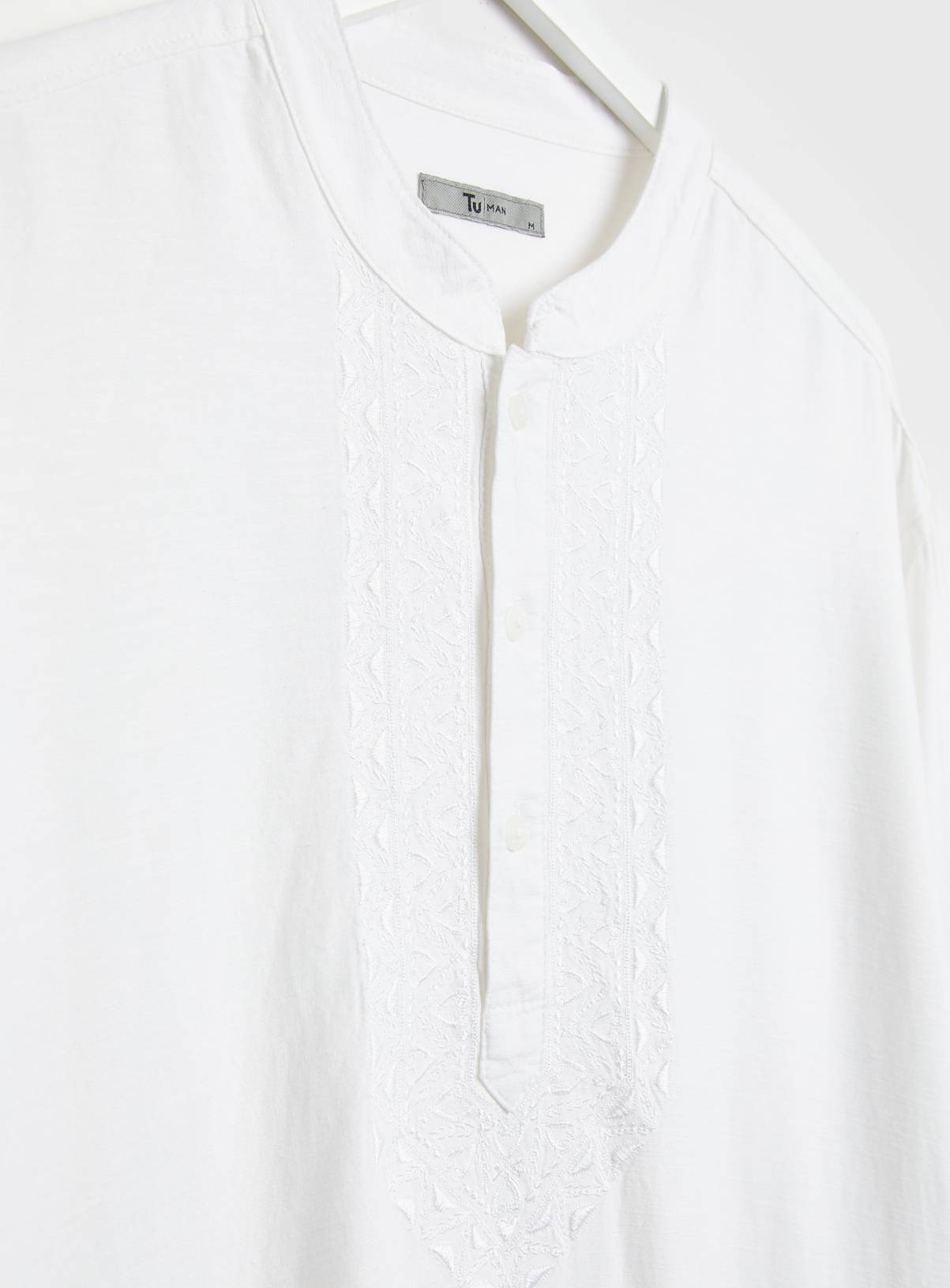 White Embroidered Linen Blend Kurta  XL - Image 4