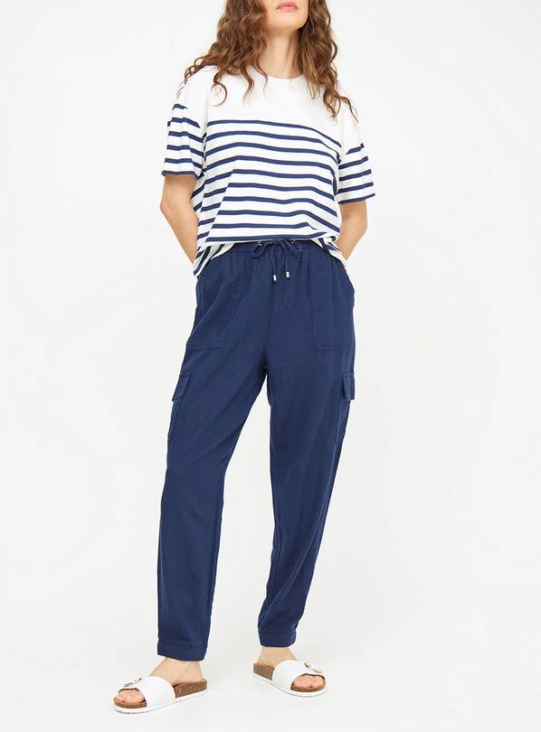 Navy Linen Blend Utility Tapered Trousers  8