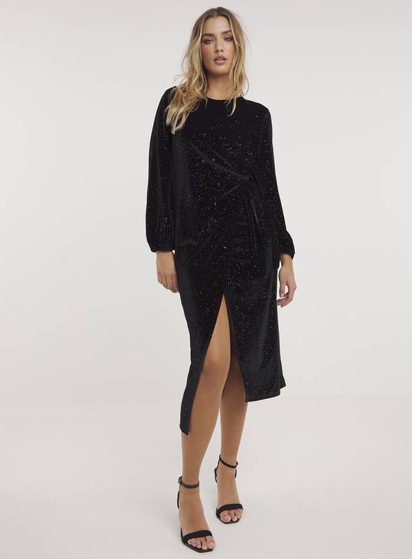 SIMPLY BE Black Glitter Velour Wrap Dress 12