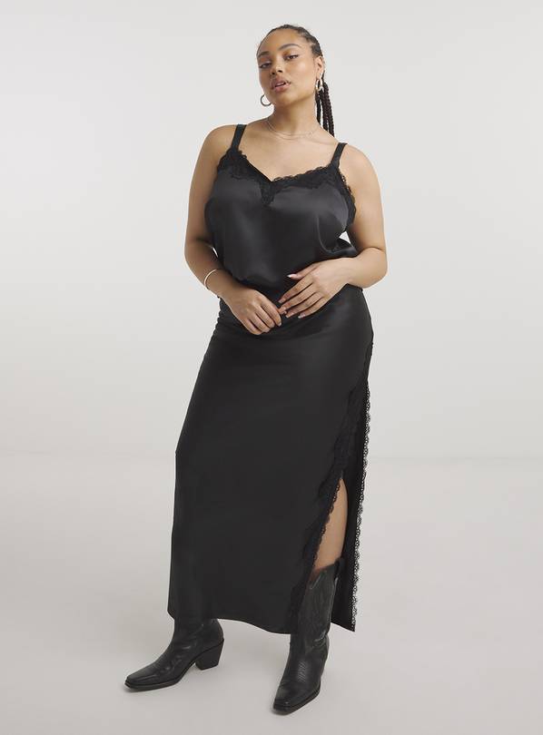 SIMPLY BE Black Satin Lace Trim Maxi Skirt 28