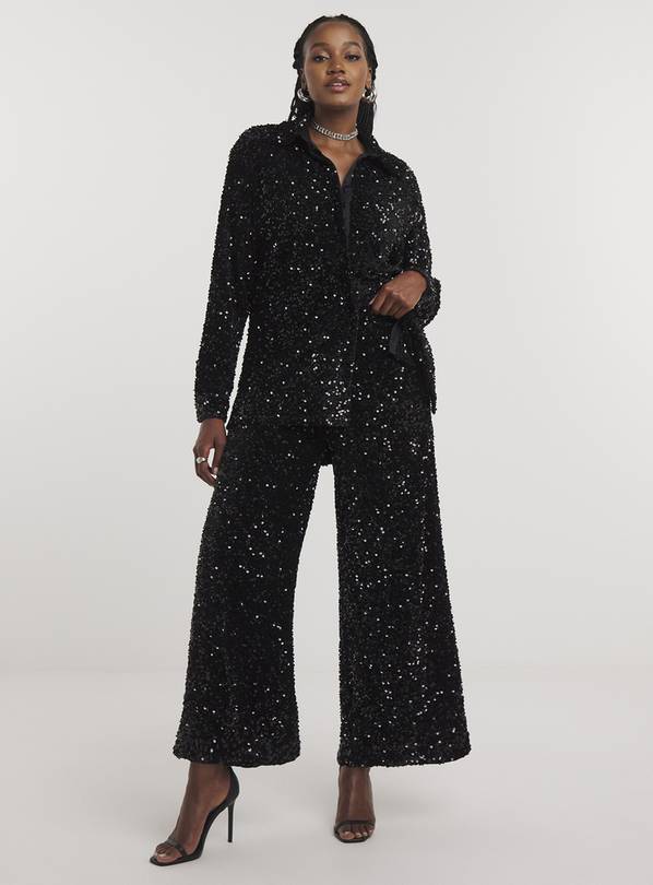 SIMPLY BE Black Sequin Wide Leg Trouser 16