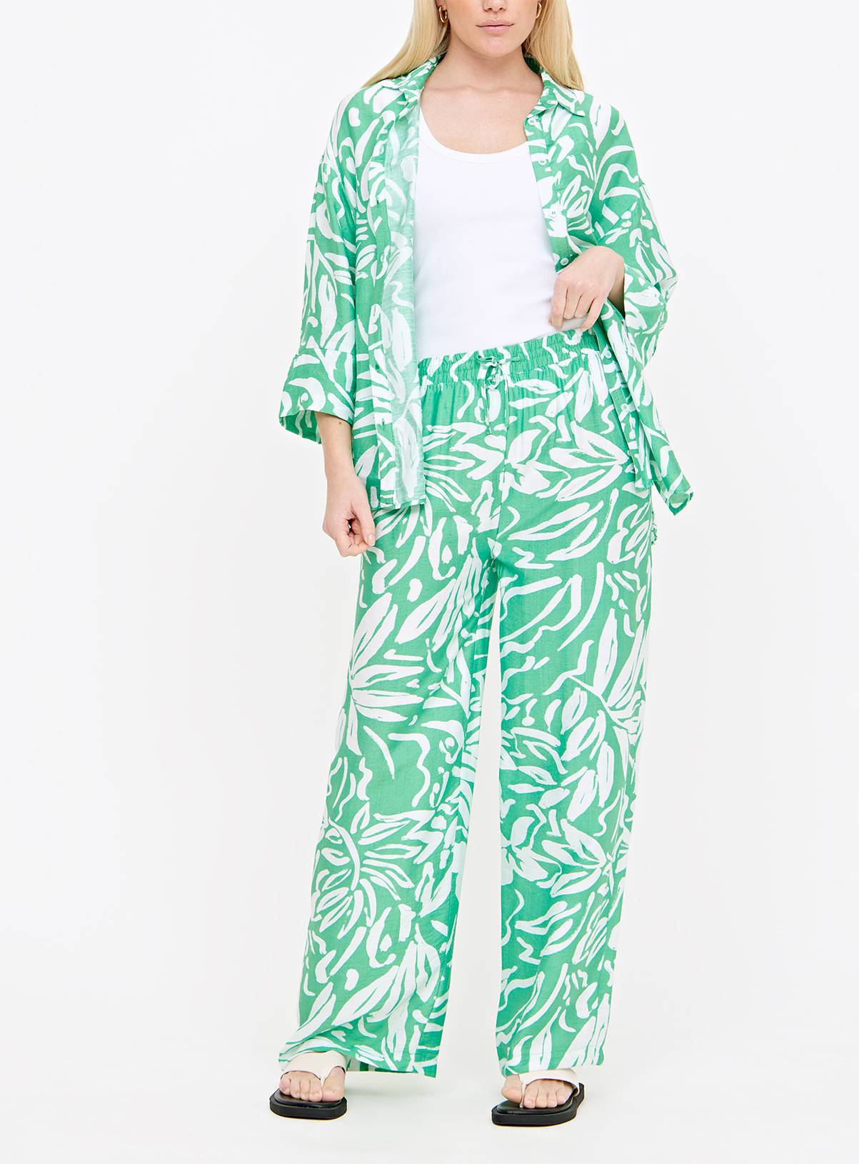 Green Leaf Print Wide Leg Trousers  14 - Image 1