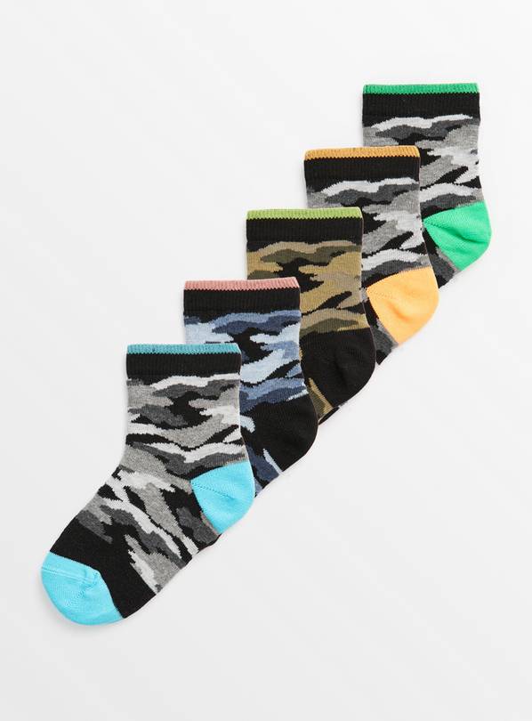 Neon Camo Ankle Socks 5 pack 6-8.5
