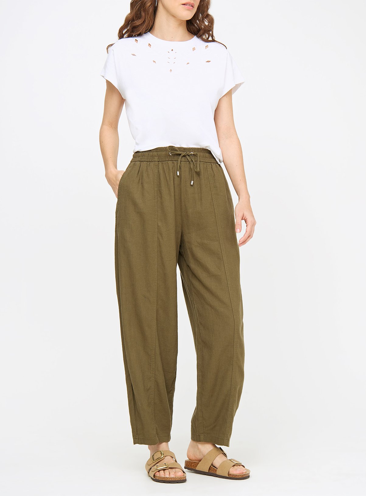 Khaki Linen Blend Barrel Leg Trousers  16 - Image 1 thumbnail
