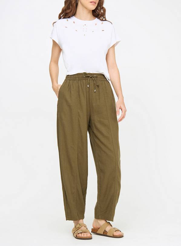 Khaki Linen Blend Barrel Leg Trousers  16