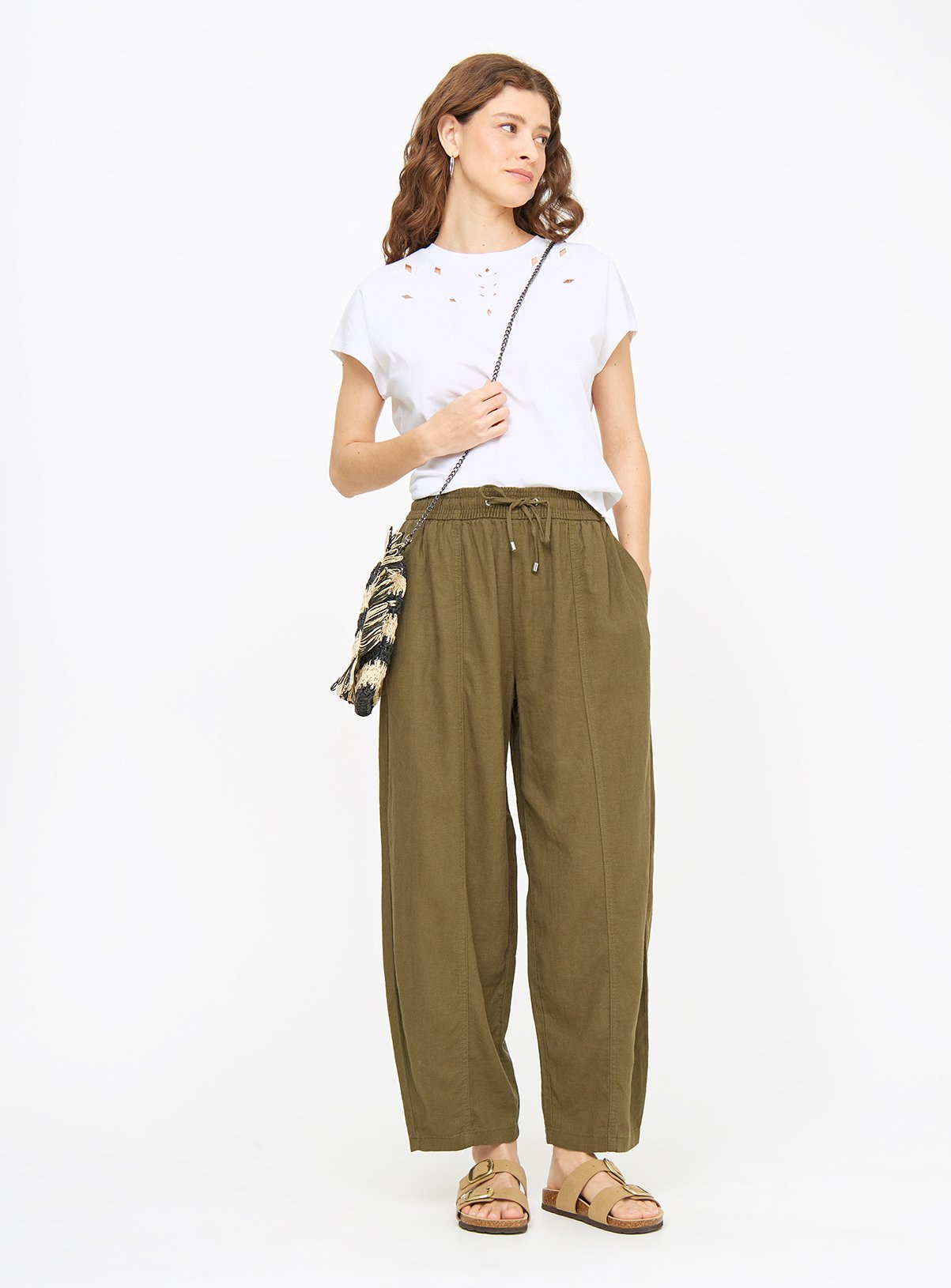 Khaki Linen Blend Barrel Leg Trousers  16 - Image 2 thumbnail