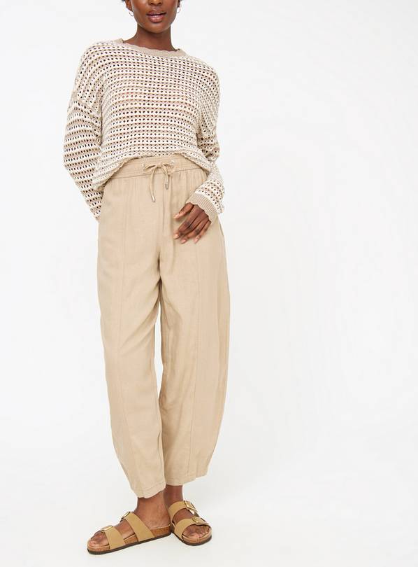 Stone Linen Blend Barrel Leg Trousers  12