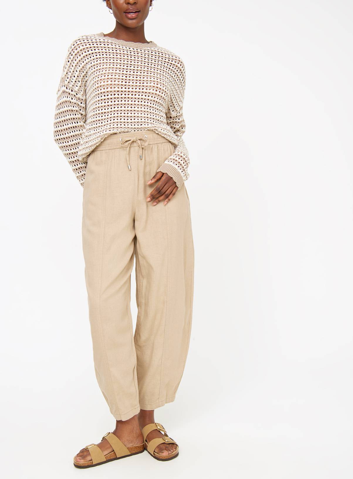 Stone Linen Blend Barrel Leg Trousers  12 - Image 1