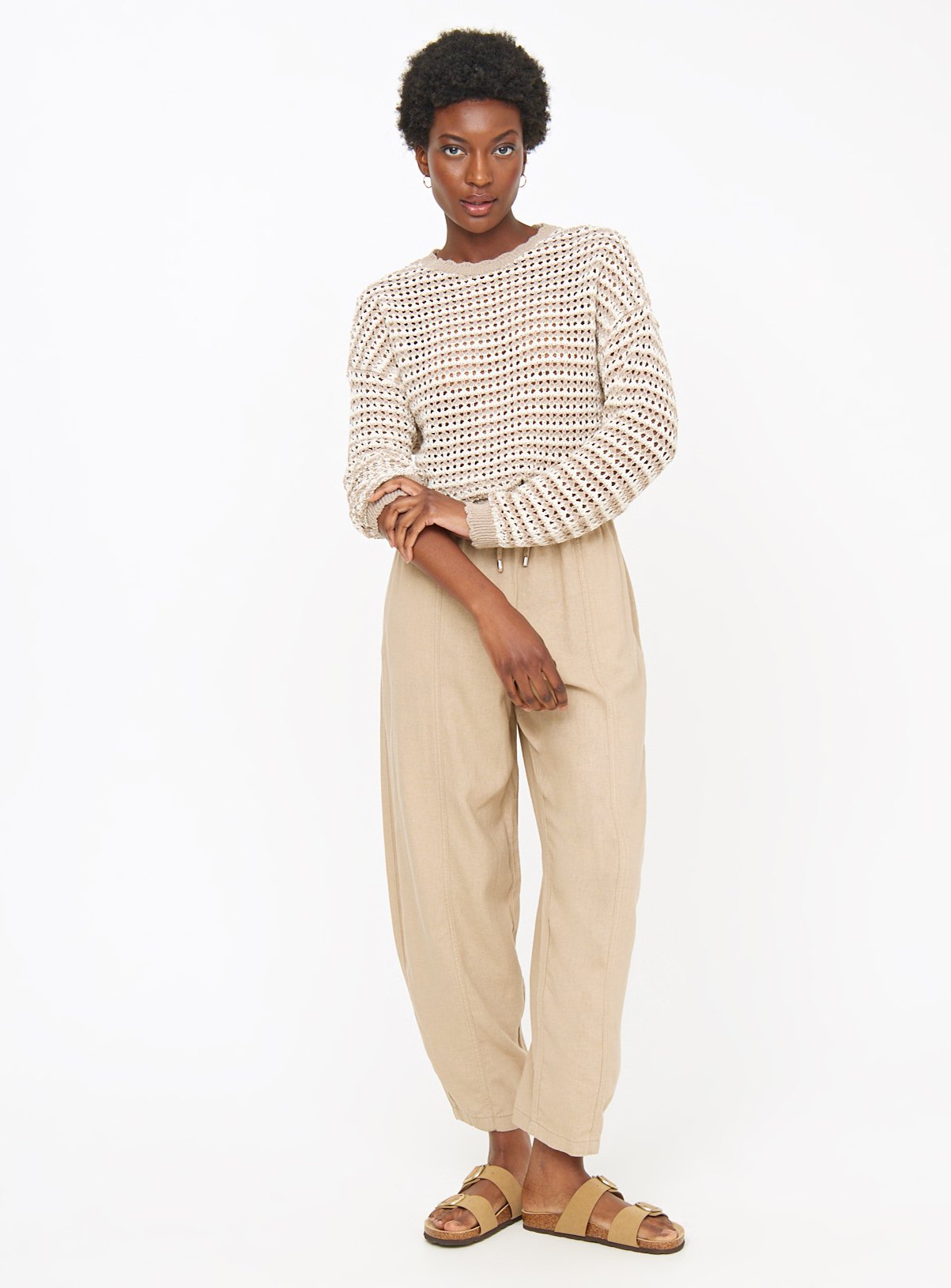 Stone Linen Blend Barrel Leg Trousers  12 - Image 2 thumbnail