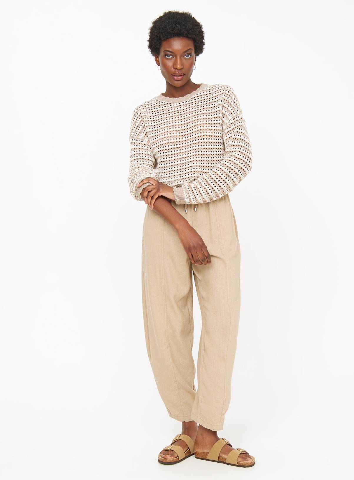 Stone Linen Blend Barrel Leg Trousers  12 - Image 2