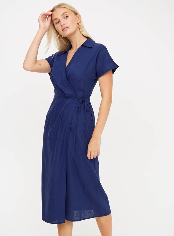 Navy Linen Blend Wrap Dress 14