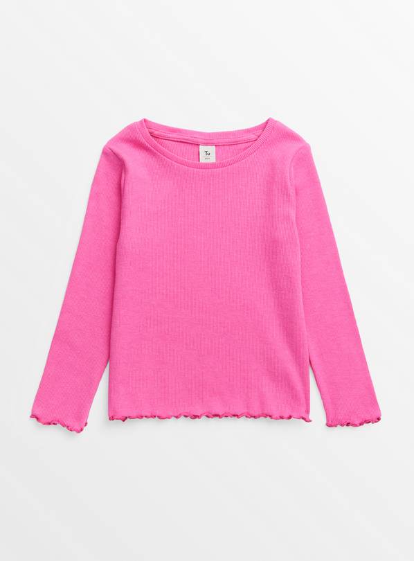 Bright Pink Lettuce Hem Ribbed Long Sleeve Top 5-6 years