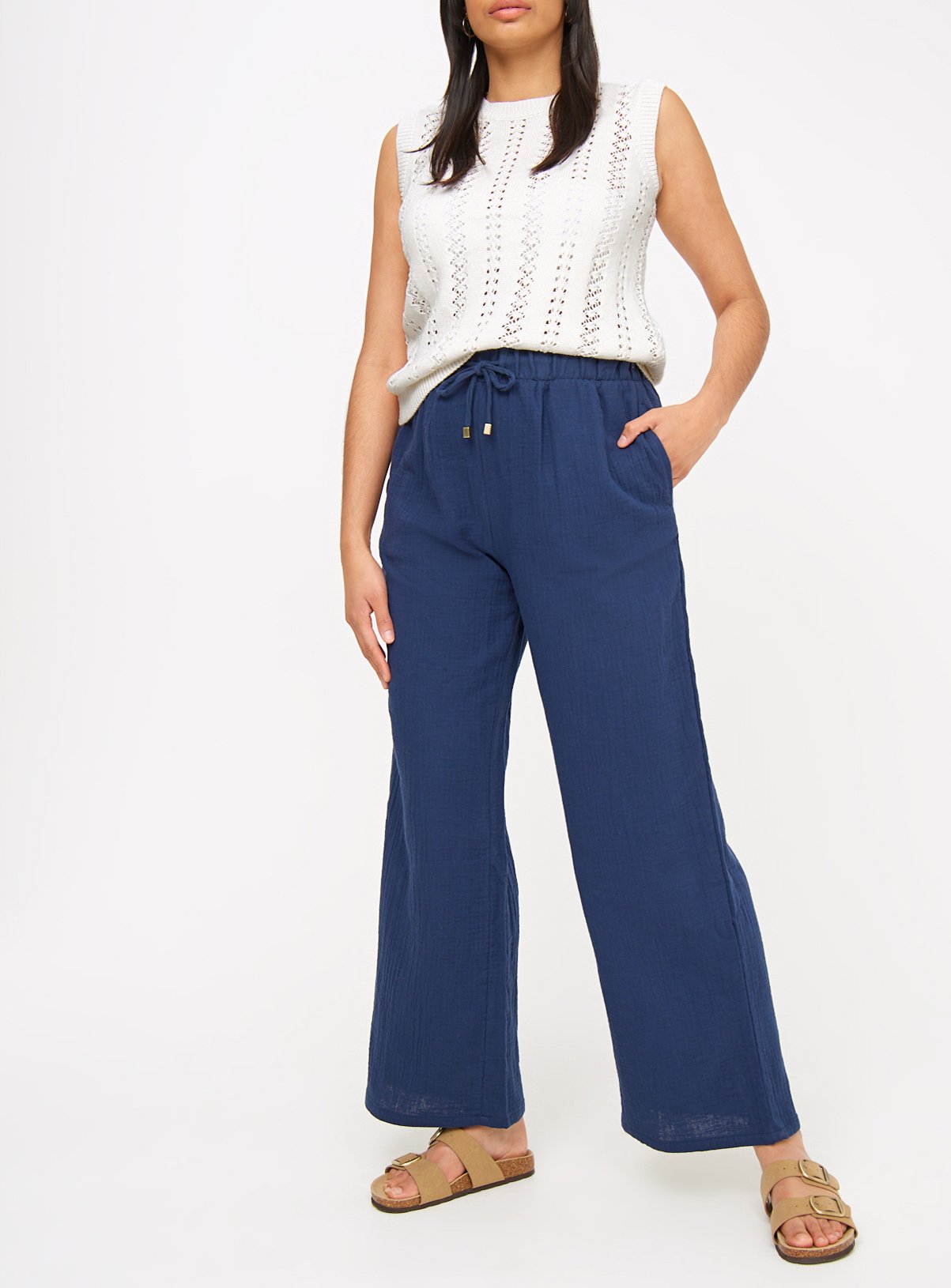 Navy Double Cloth Wide Leg Trousers  24 - Image 1 thumbnail
