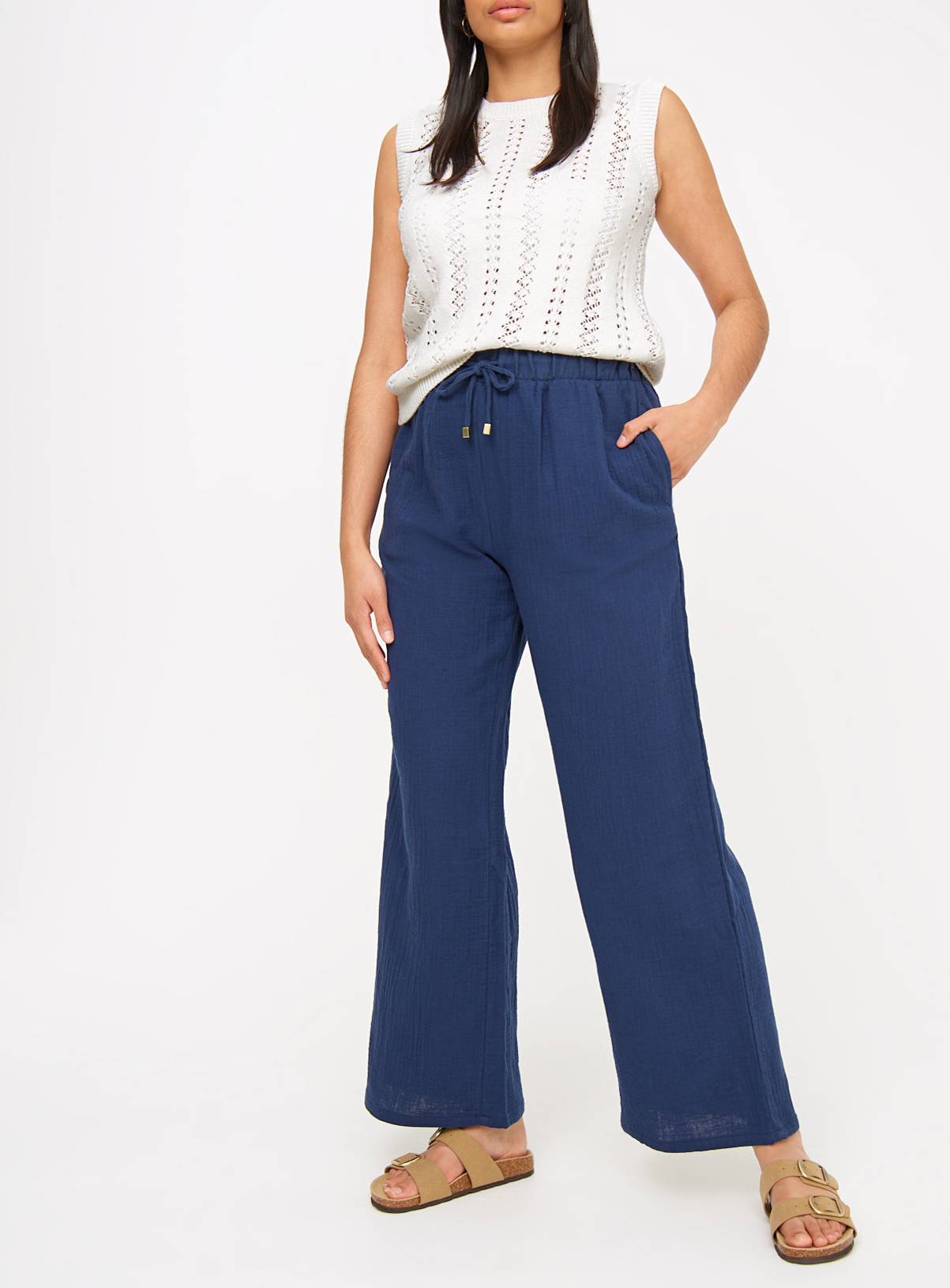 Navy Double Cloth Wide Leg Trousers  24 - Image 1