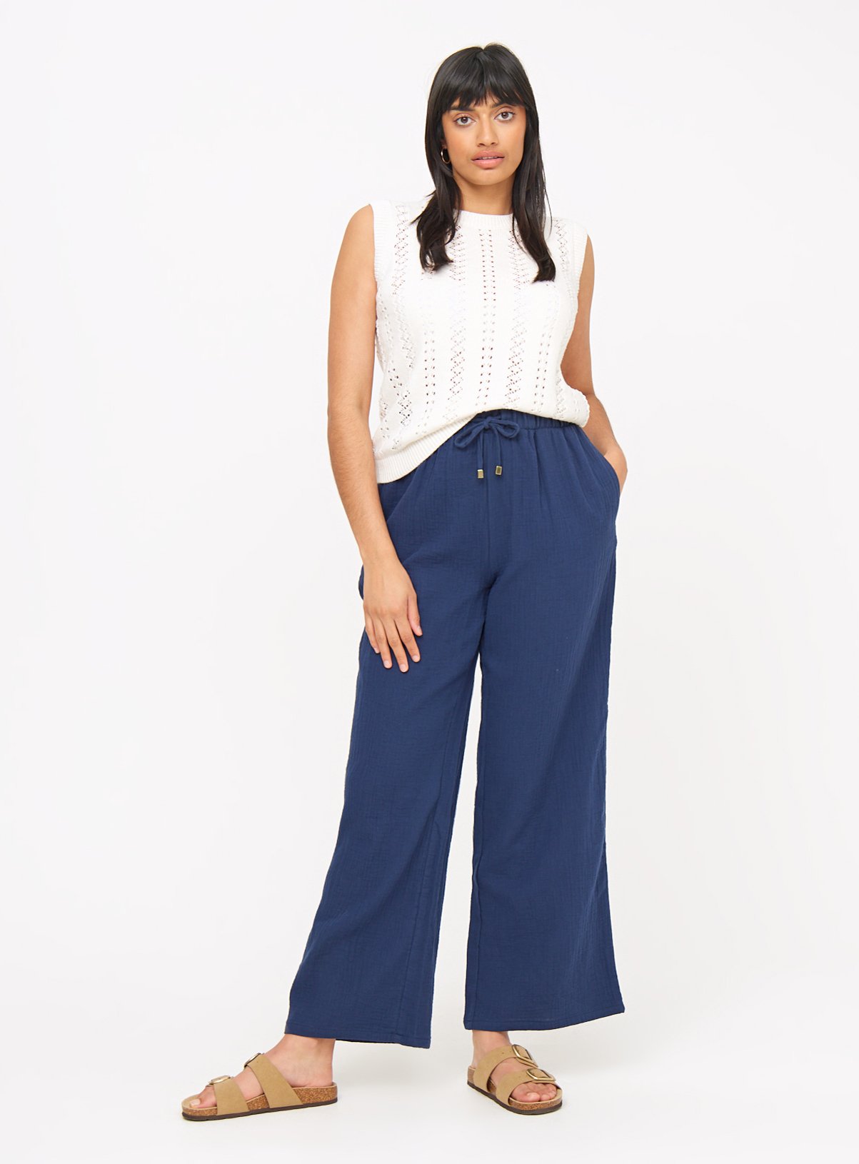 Navy Double Cloth Wide Leg Trousers  24 - Image 2 thumbnail
