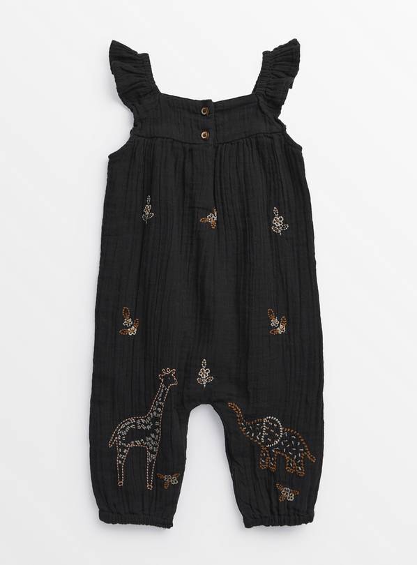 Black Safari Embroidered Woven Romper Up to 3 mths