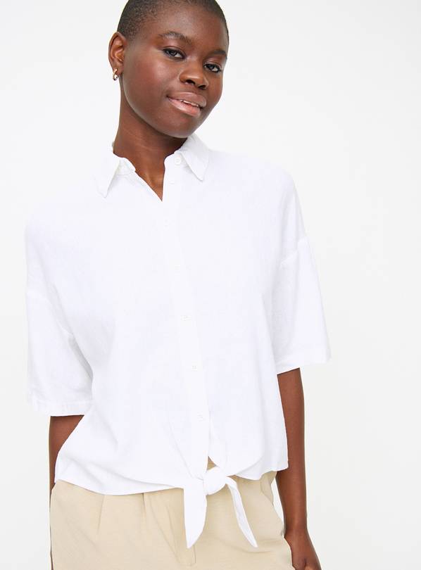 White Tie Front Boxy Linen Blend Shirt  24
