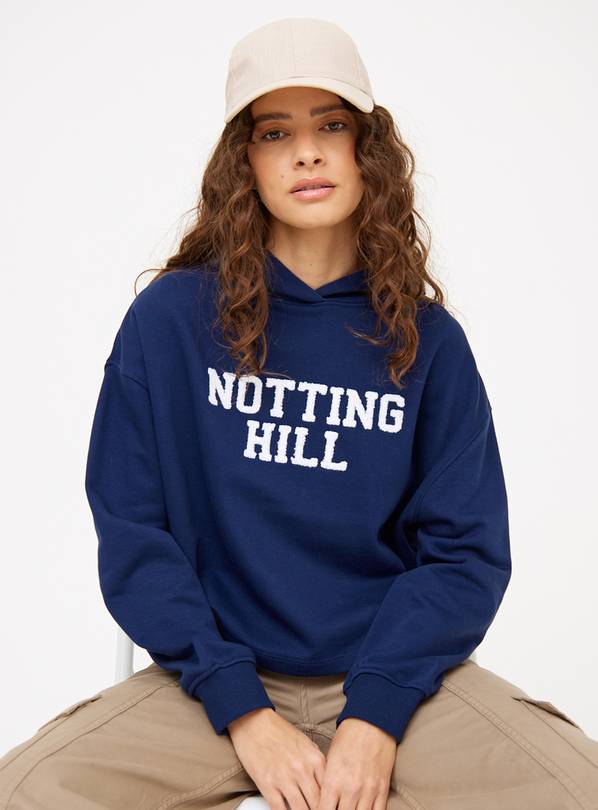 Navy Notting Hill Slogan Boxy Hoodie  M