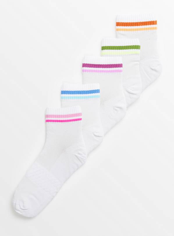 White Neon Stripe Cropped Ankle Socks 5 Pack 4-8