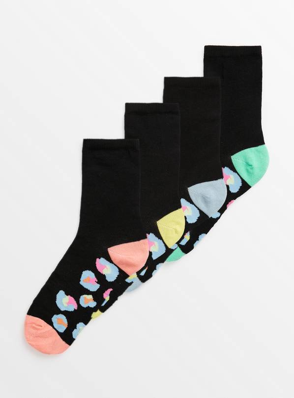 Black Leopard Footbed Socks 4 Pack 4-8