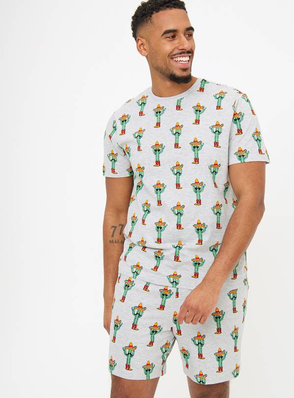 Grey Cactus Print Short Sleeve Pyjama Set L