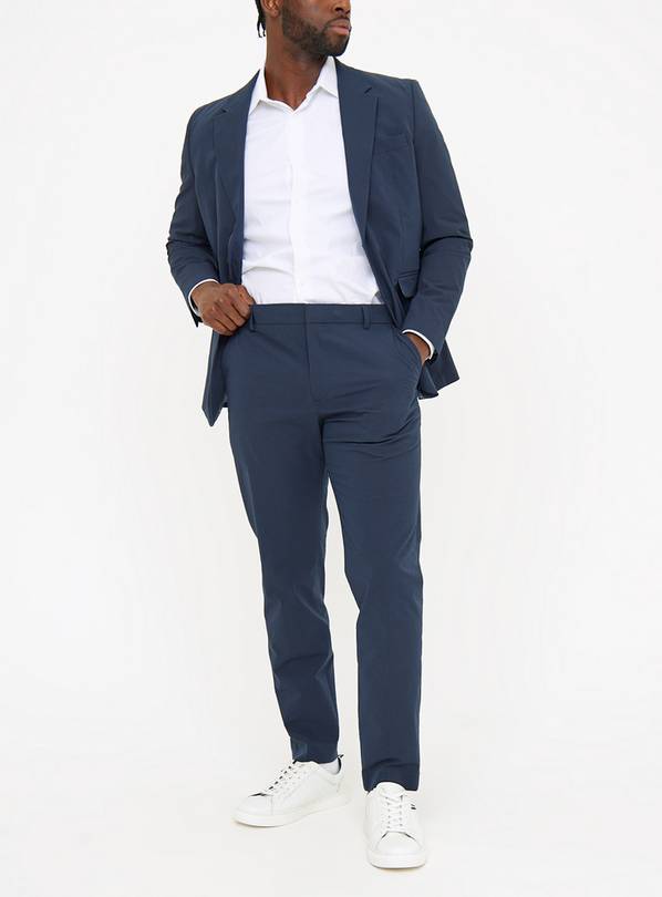 Navy Seersucker Regular Fit Trousers  42R