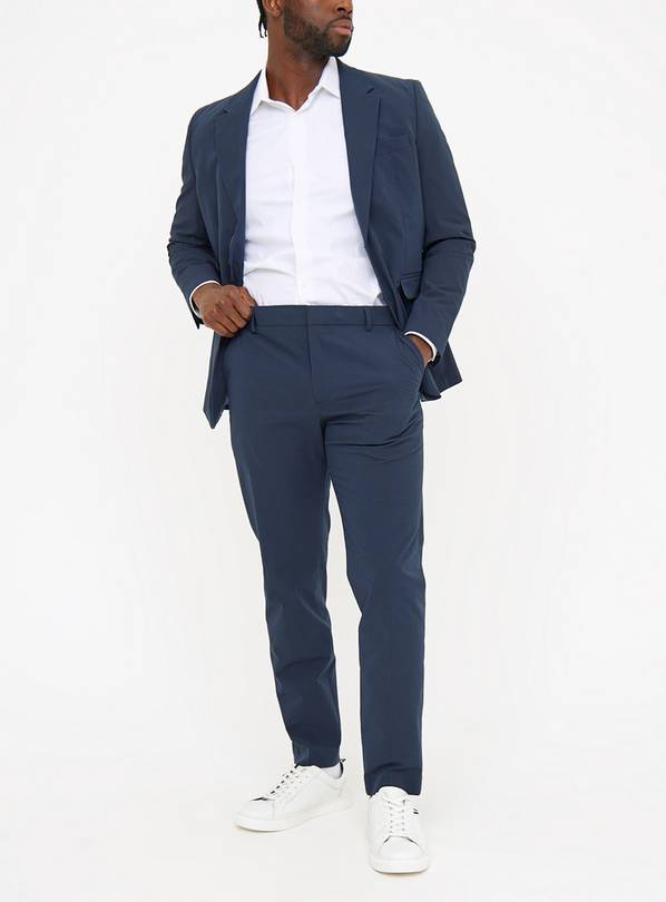 Navy Seersucker Regular Fit Trousers  40R