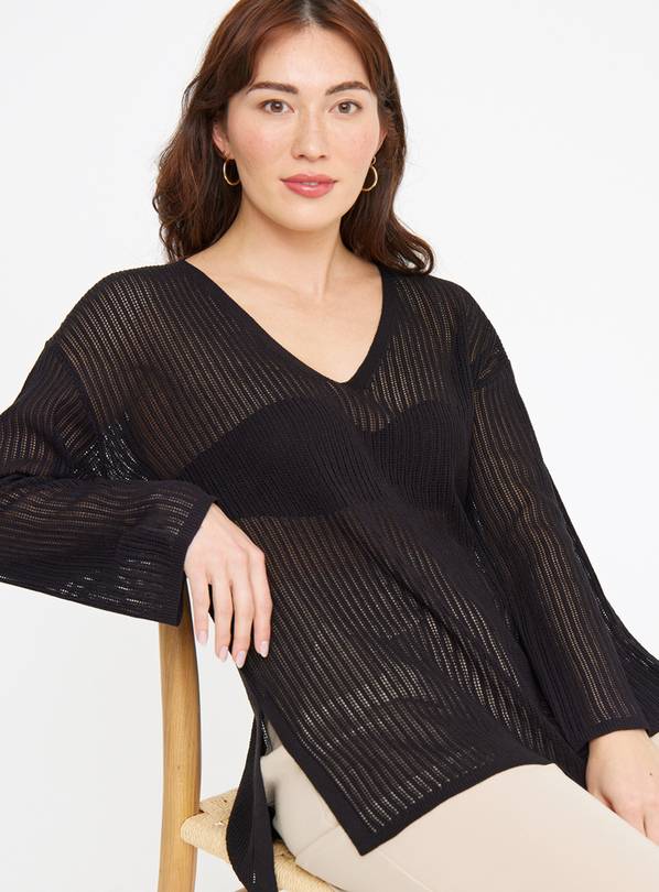 Black V Neck Pointelle Jumper 16