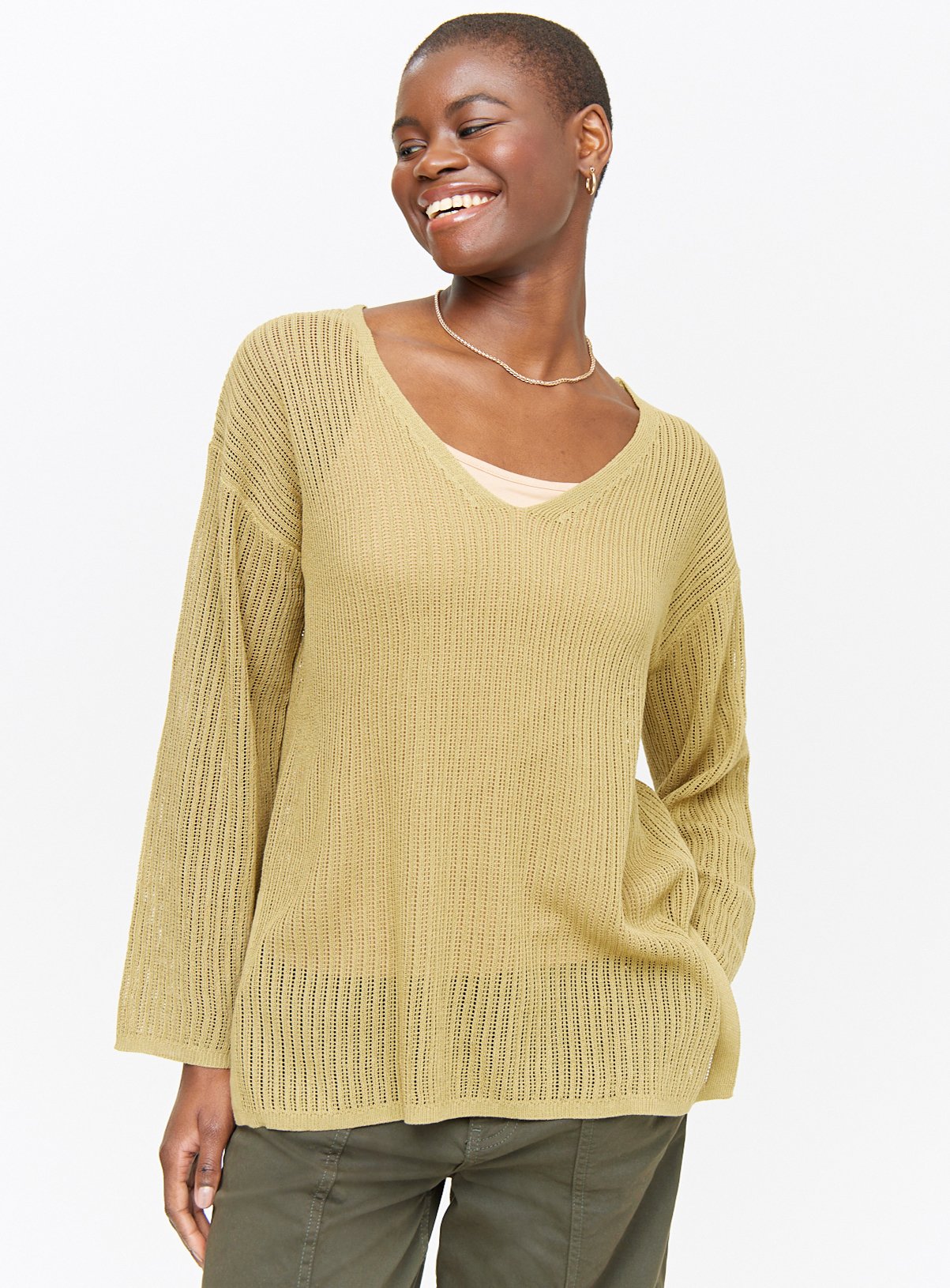 Khaki V Neck Pointelle Jumper 12