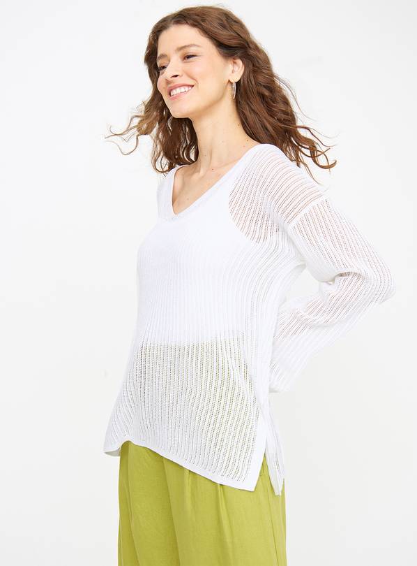 White V Neck Pointelle Jumper 18