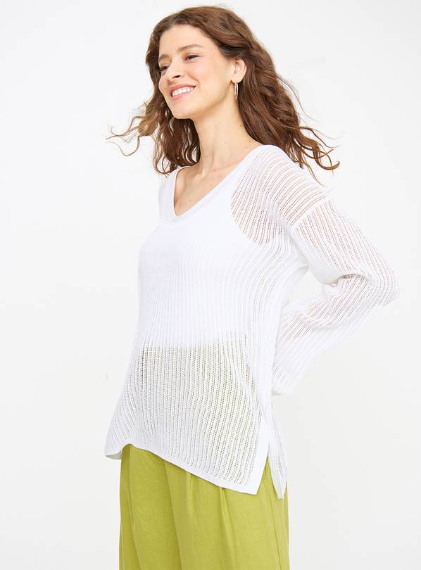 White V Neck Pointelle Jumper 14