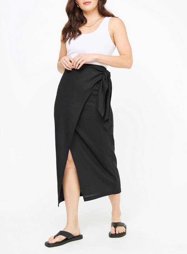 Black Linen Blend Wrap Tie Side Skirt 24