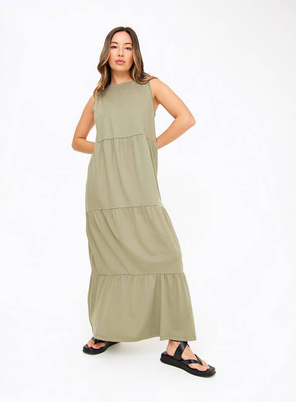 Khaki Tiered Jersey Maxi Dress 24L