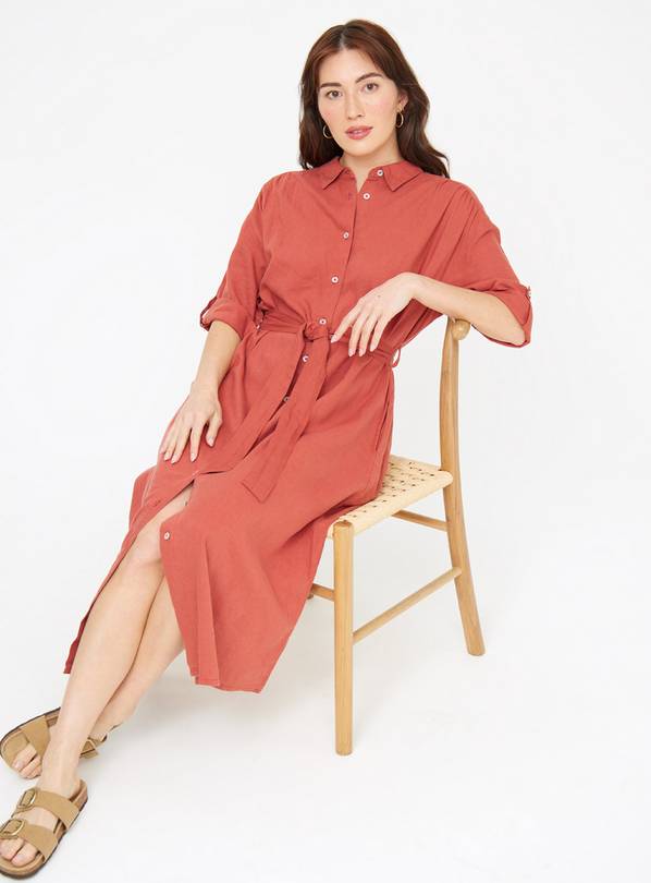 Brown Linen Blend Short Sleeve Shirt Dress 12