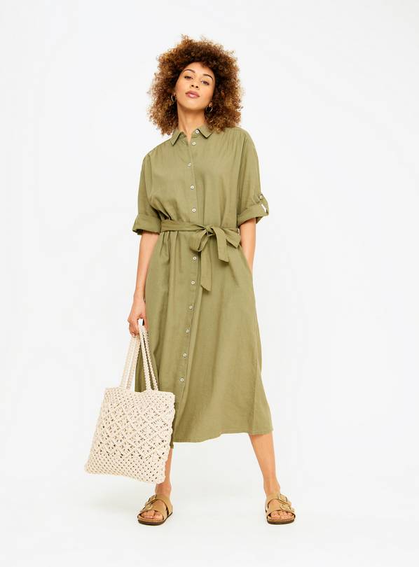 Green Linen Blend Short Sleeve Shirt Dress 24