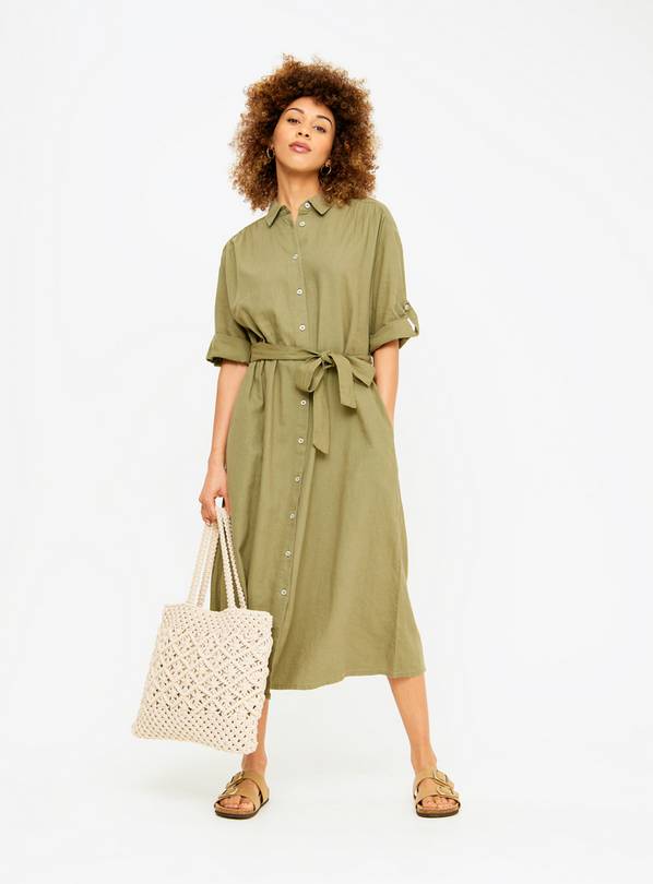 Green Linen Blend Short Sleeve Shirt Dress 20