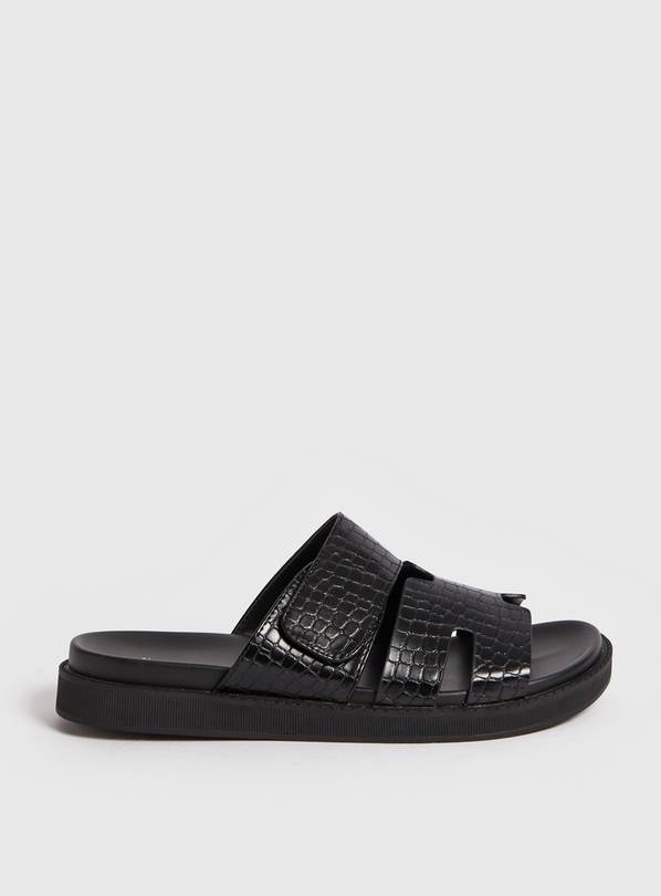 Black Faux Croc Slip On Sandals  5