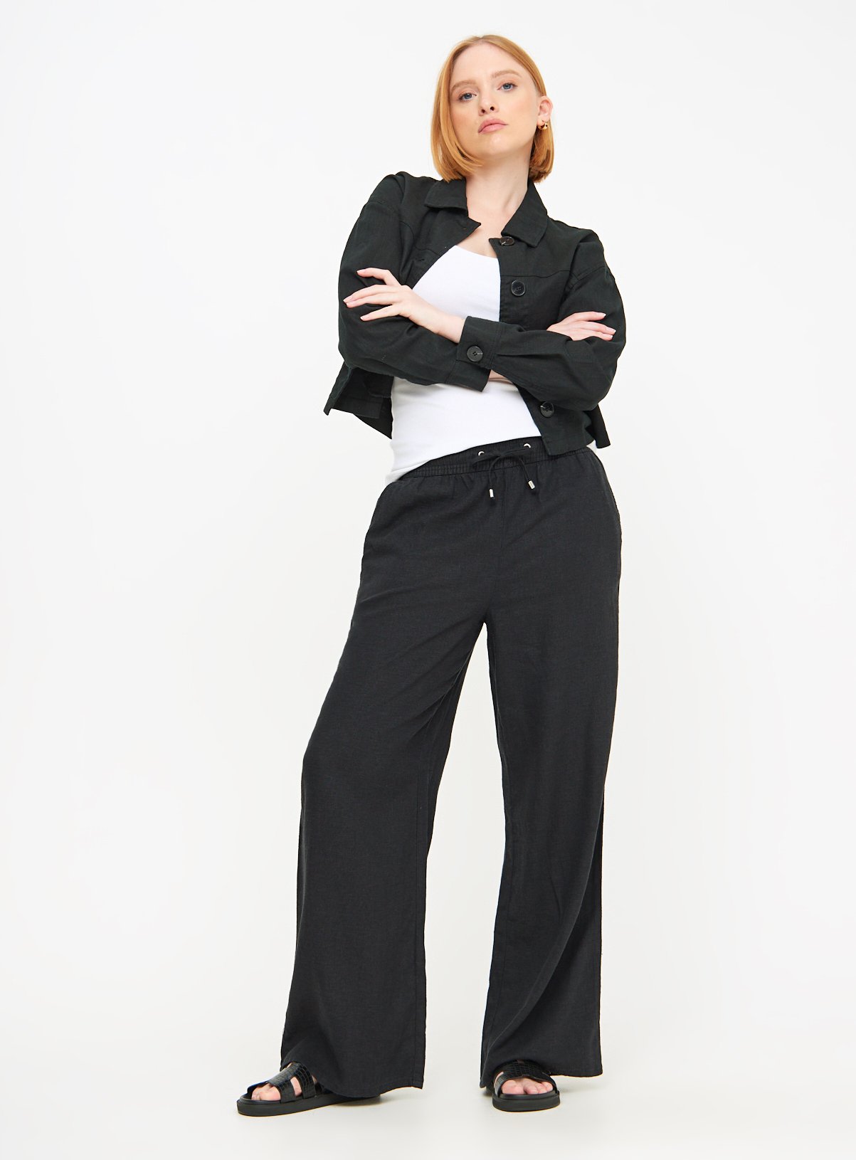 Black Linen Blend Wide Leg Drawstring Trousers  16 - Image 2 thumbnail