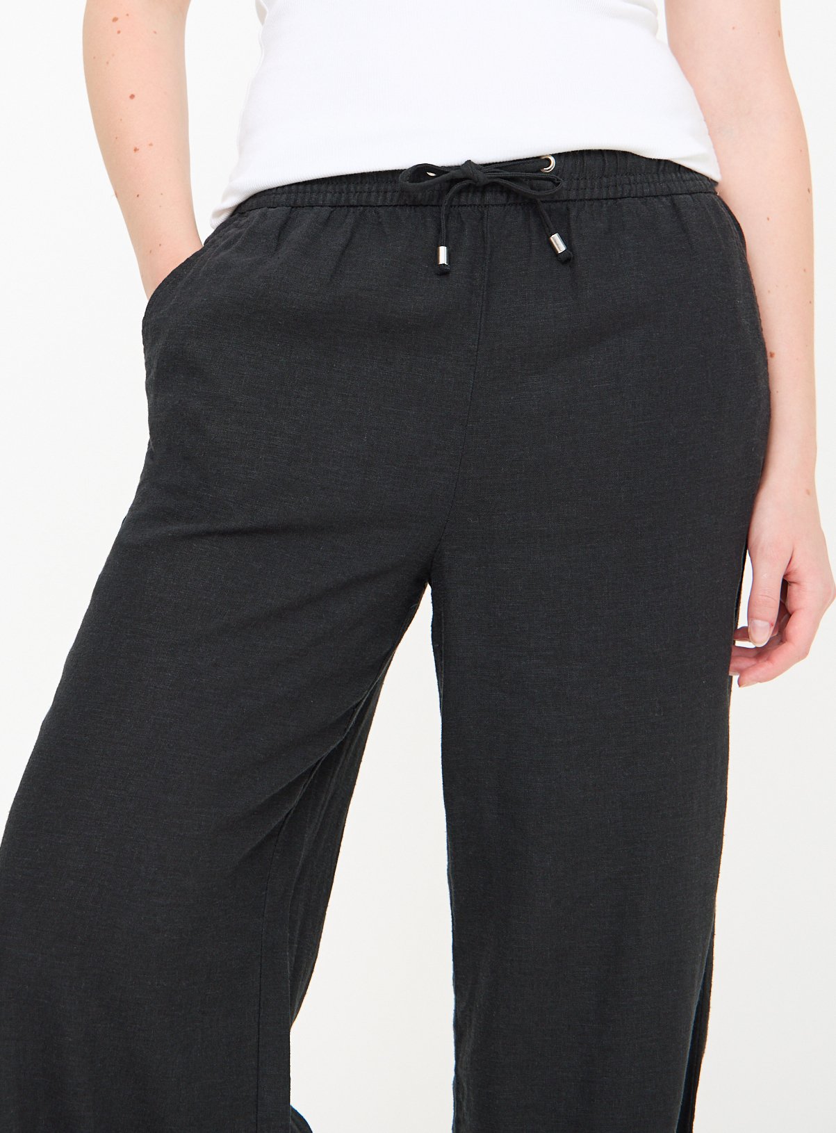 Black Linen Blend Wide Leg Drawstring Trousers  16 - Image 3 thumbnail