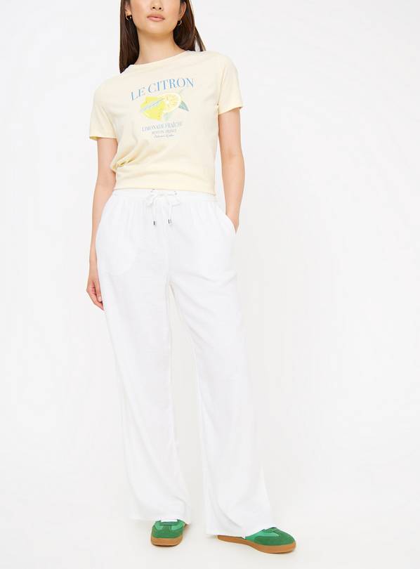 White Linen Blend Wide Leg Drawstring Trousers  10