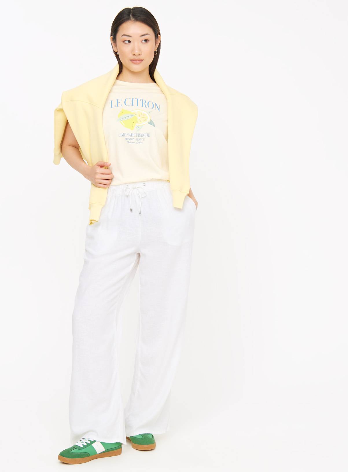 White Linen Blend Wide Leg Drawstring Trousers  10 - Image 2